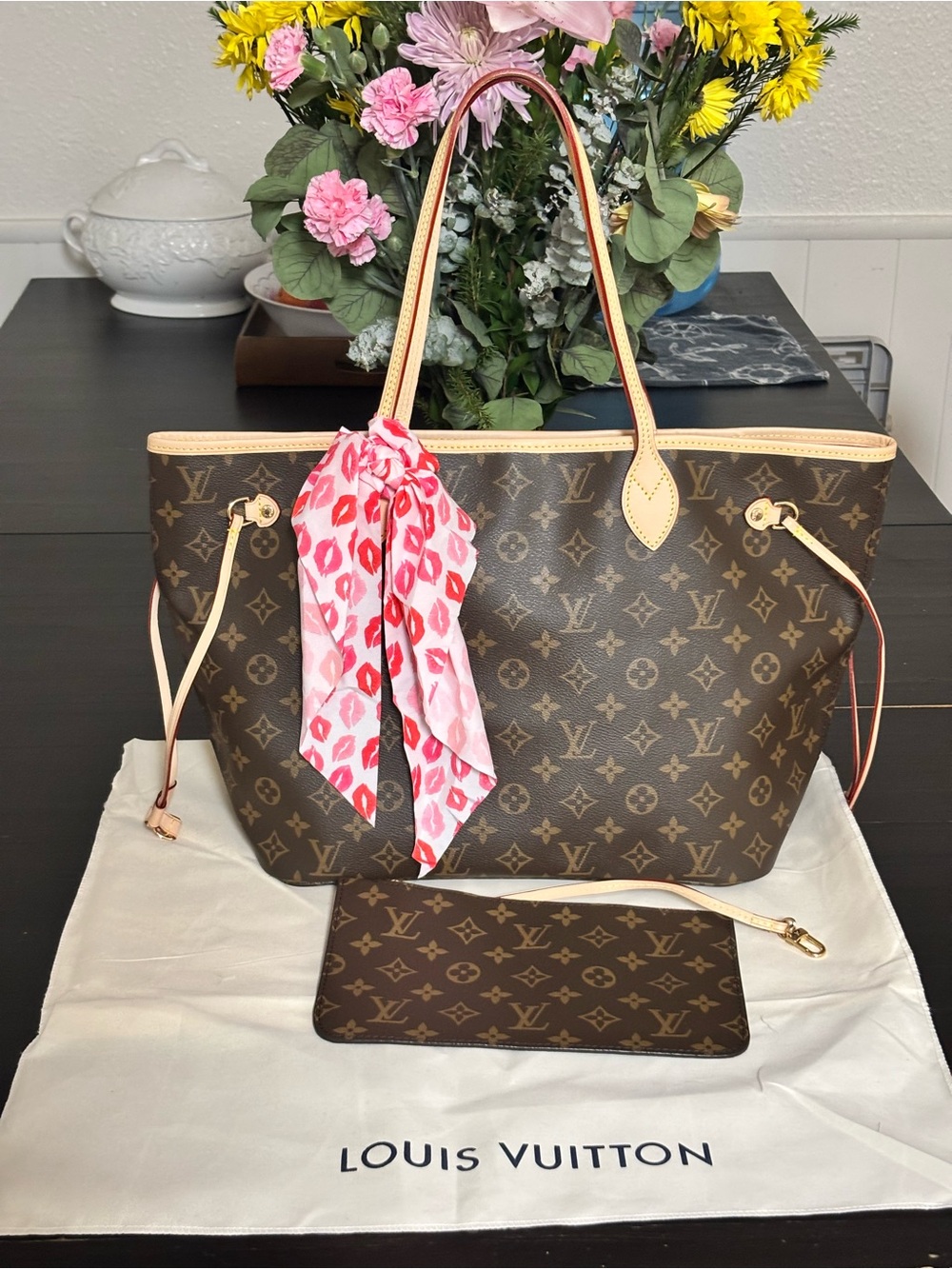 Louis Vuitton Monogram Neverfull MM Tote with Pink Scarf Accent